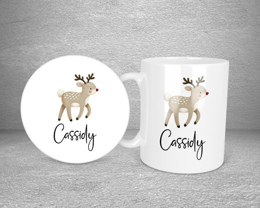 Rudolph Reindeer Neutral Personalised Plastic Or Ceramic Mug &/Or Coaster Set