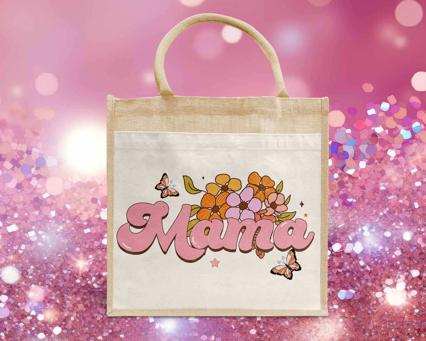 Mama Groovy Floral Butterfly Personalised Eco Pocket Block Tote