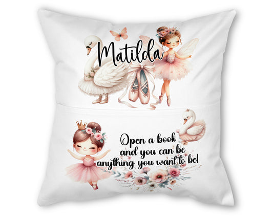 Elegant Swan Ballerina Personalised Reading Pocket Cushion