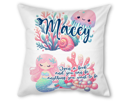 Little Pastel Pink Mermaid Personalised Reading Pocket Cushion