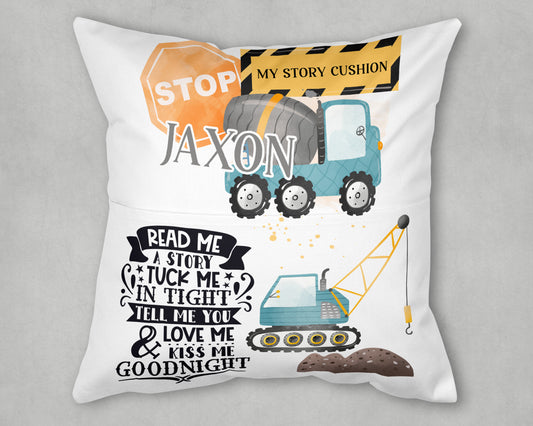 Construction Site Digger Personalised Reading Pocket Cushion