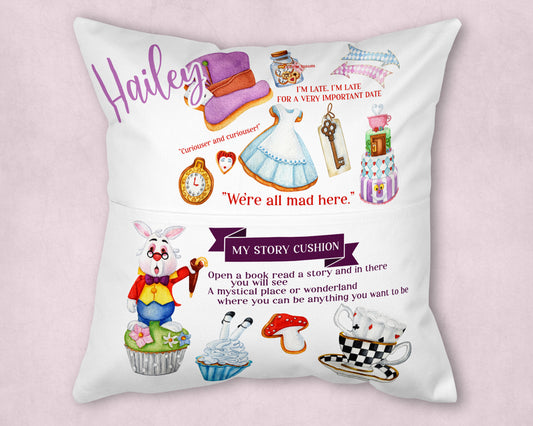 We're All Mad In Here Mystical Character Personalised Reading Pocket Cushion