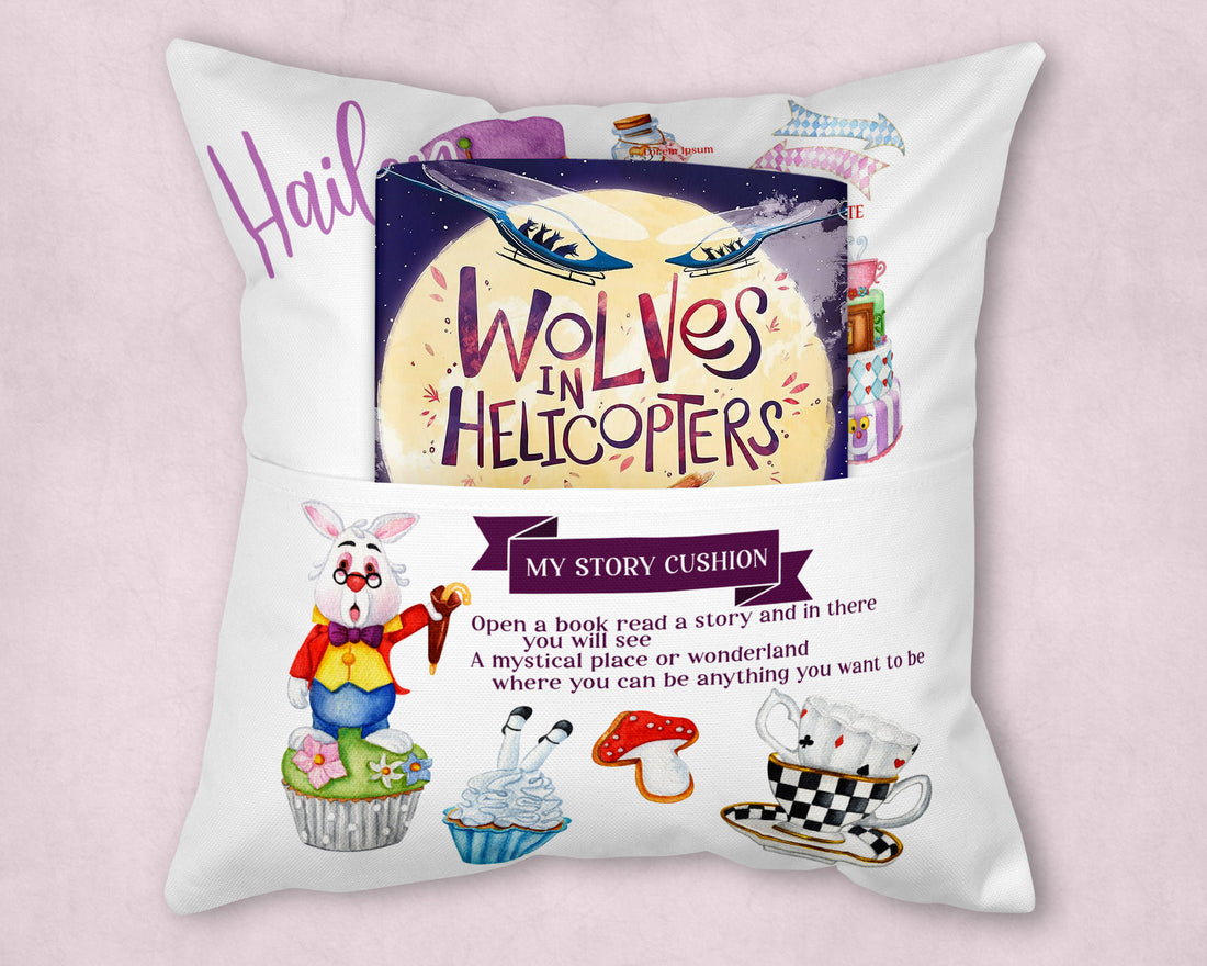 We're All Mad In Here Mystical Character Personalised Reading Pocket Cushion