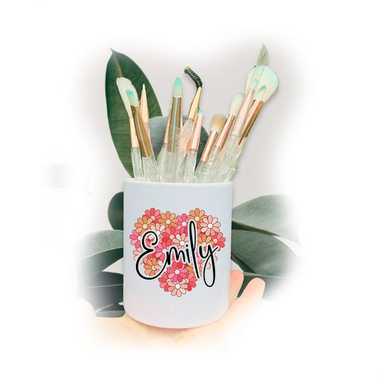 Boho Floral Heart Pink Name Make Up Brushes Pot