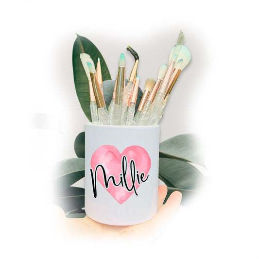 Watercolour Pink Heart Name Make Up Brushes Pot