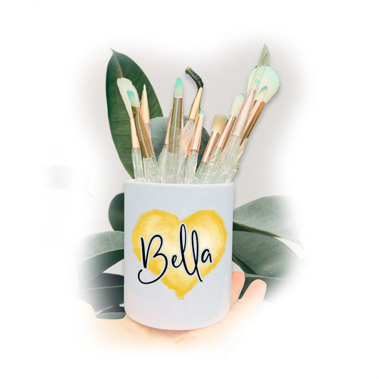 Watercolour Yellow Heart Name Make Up Brushes Pot