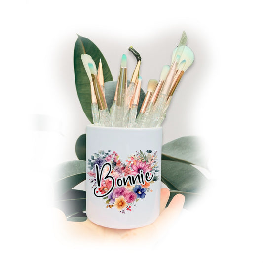 Botanical Boho Floral Heart Name Make Up Brushes Pot