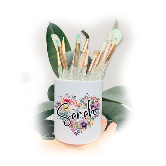 Botanical Boho Floral Heart Name Make Up Brushes Pot