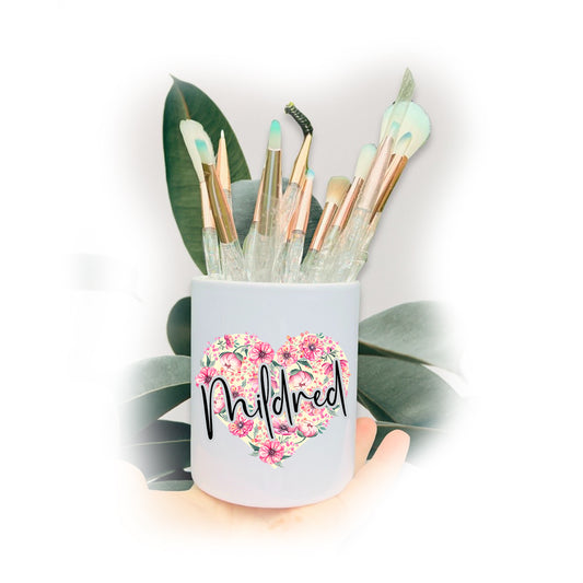 Yellow & Pink Floral Heart Name Make Up Brushes Pot