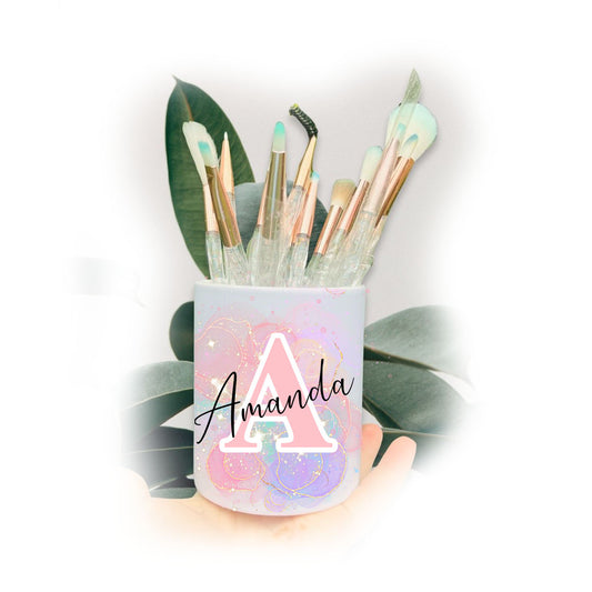 Pink Teal Pastel Galaxy Letter Name Make Up Brushes Pot