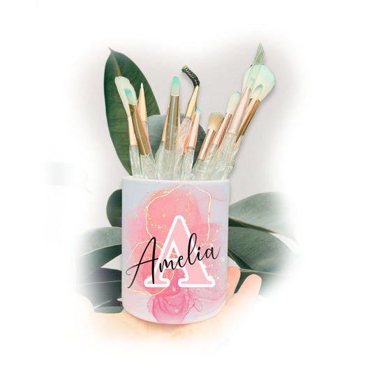 Coral Pink Pastel Galaxy Letter Name Make Up Brushes Pot