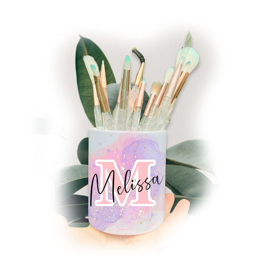 Lilac & Pink Pastel Galaxy Letter Name Make Up Brushes Pot