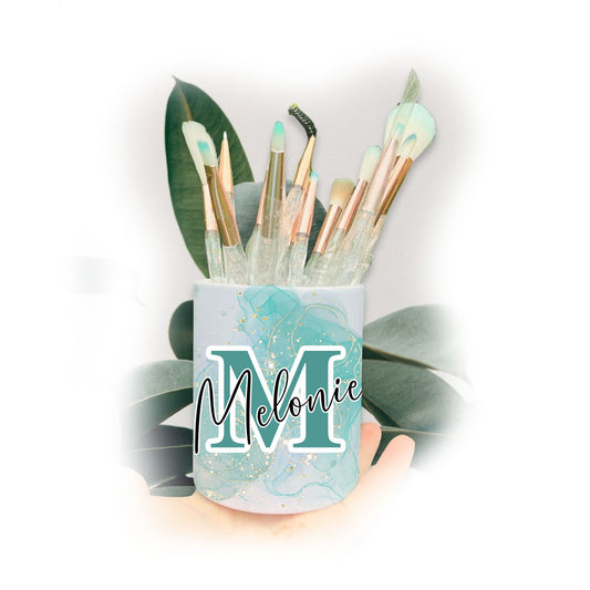 Teal & Turquoise Pastel Galaxy Letter Name Make Up Brushes Pot