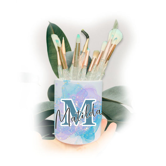 Lilac & Turquoise Pastel Galaxy Letter Name Make Up Brushes Pot