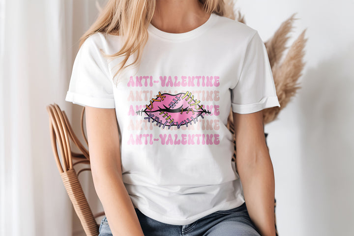 Anti Valentine Stitched Lips Crew Neck T-Shirt