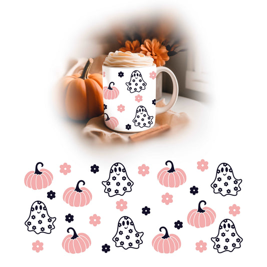 Pink Retro Pumpkin Design With Floral Flower Ghosts.