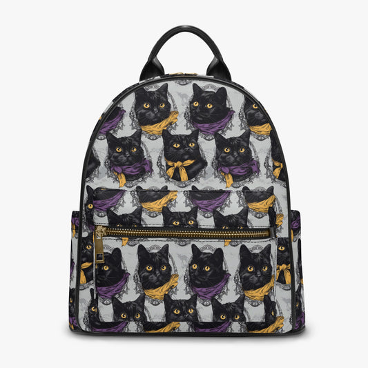 Light Grey Spooky Black Cat Gothic Personalised Monogram PU Leather Backpack