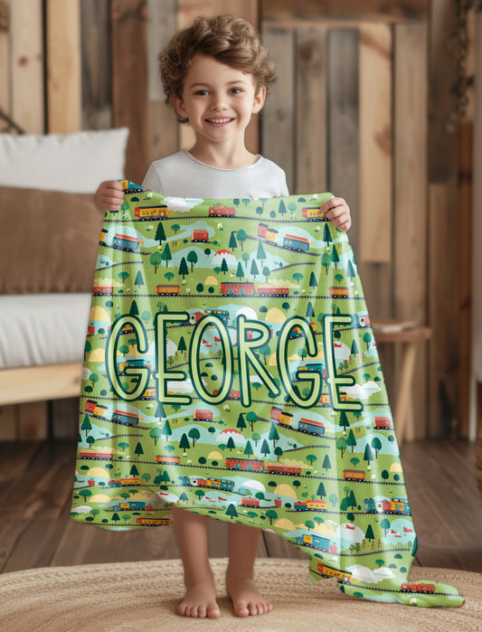 Green Valley Railway Train Track Boys Personalised Photo Blanket