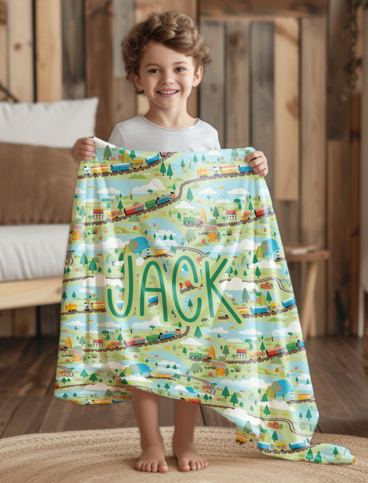 Colourful Trains Train Track Boys Personalised Photo Blanket