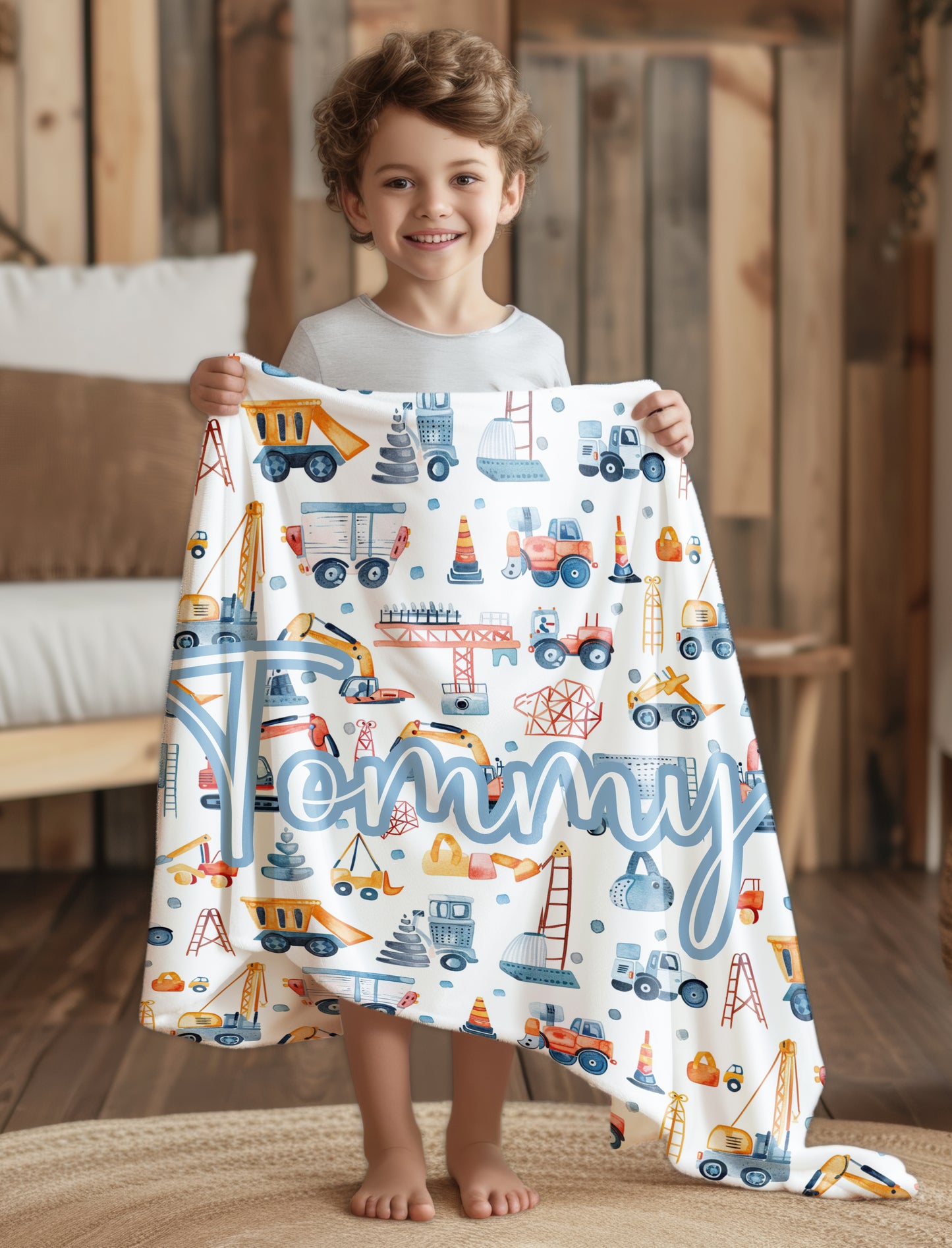 Pastel Blue Dumper Crane Digger Construction Site Boys Personalised Photo Blanket