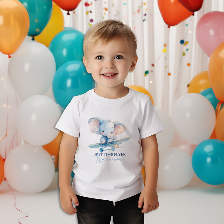 Elephant First Time Flyer Aeroplane Personalised Children's T Shirt