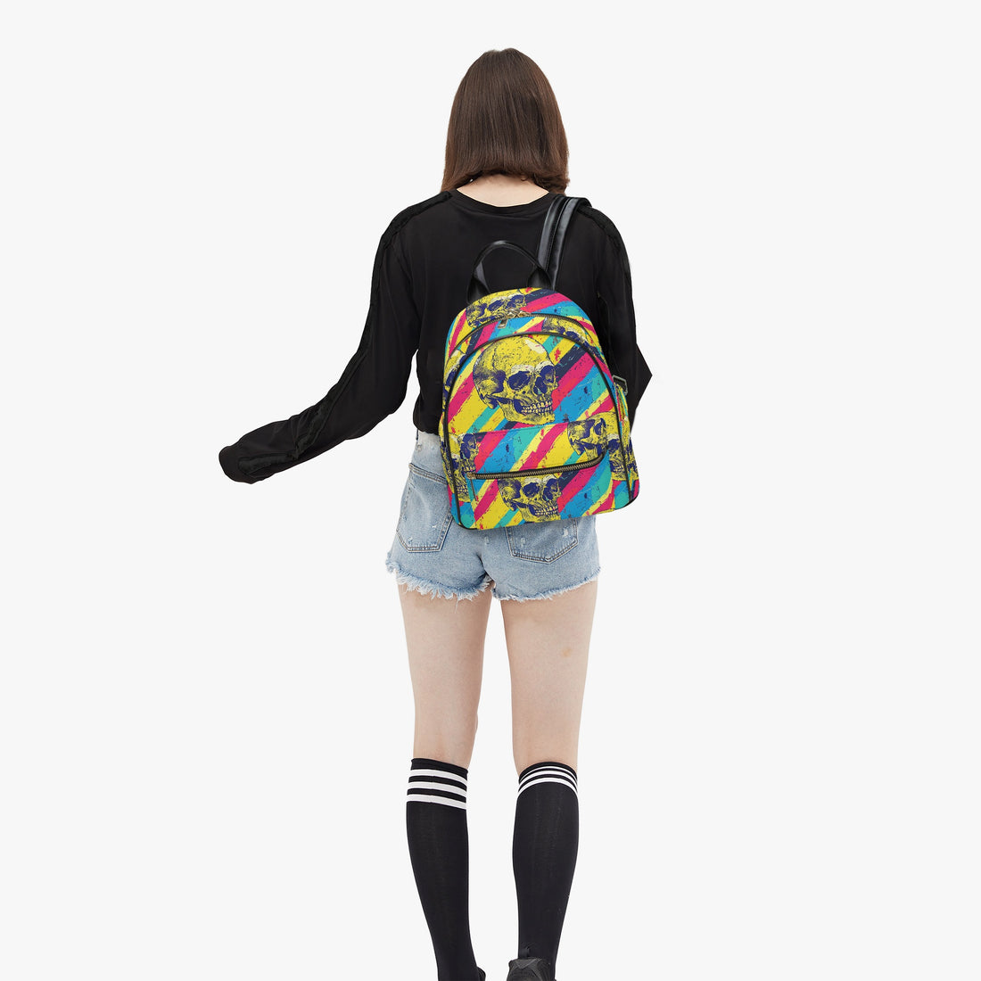 Neon Primary Stripe Skull Rainbow Personalised Monogram PU Leather Backpack