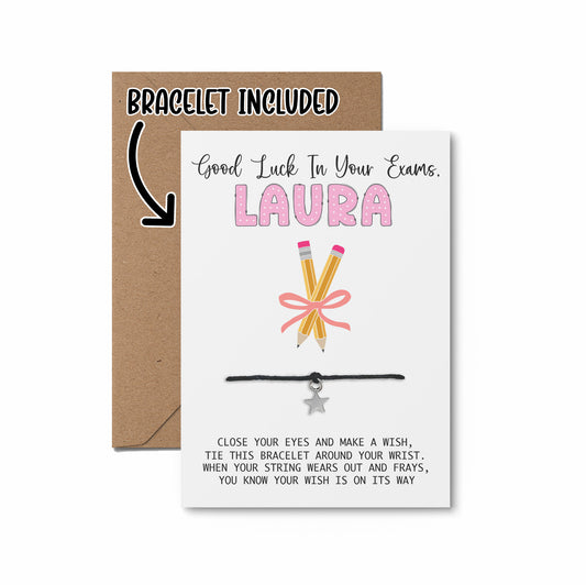 Good Luck Pink Ribbon Exams Personalised Wish Bracelet Card