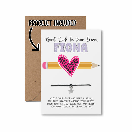 Good Luck Leopard Heart Exams Personalised Wish Bracelet Card