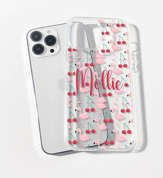 Pink Flamingo & Cherry Personalised Clear iPhone Case