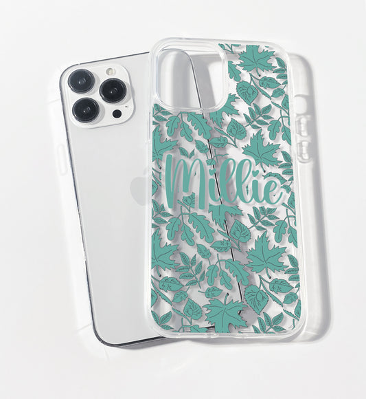 Teal Green Leaf Line Personalised Clear iPhone Case