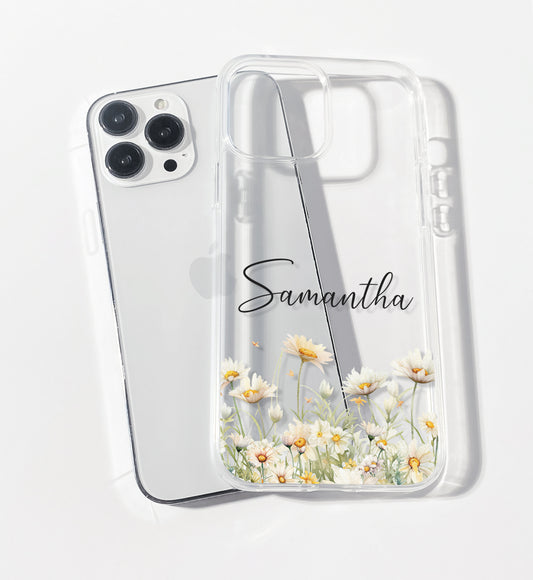 Wild Meadow White Daisy Personalised Clear iPhone Case