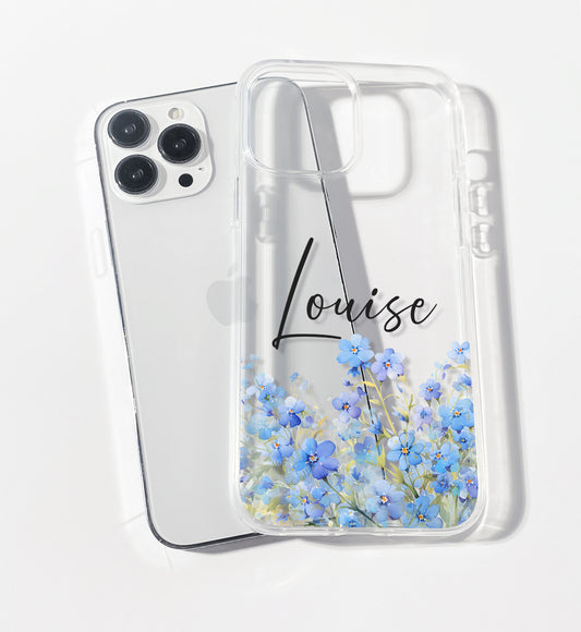 Dainty Blue Wildflower Personalised Clear iPhone Case