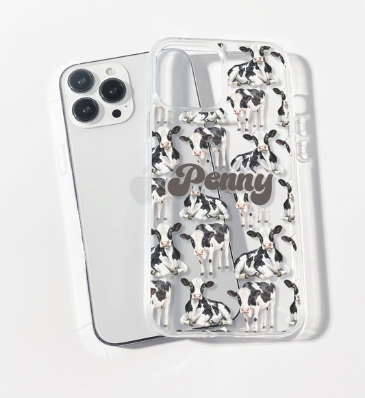 Black & White Farm Cow Personalised Clear iPhone Case