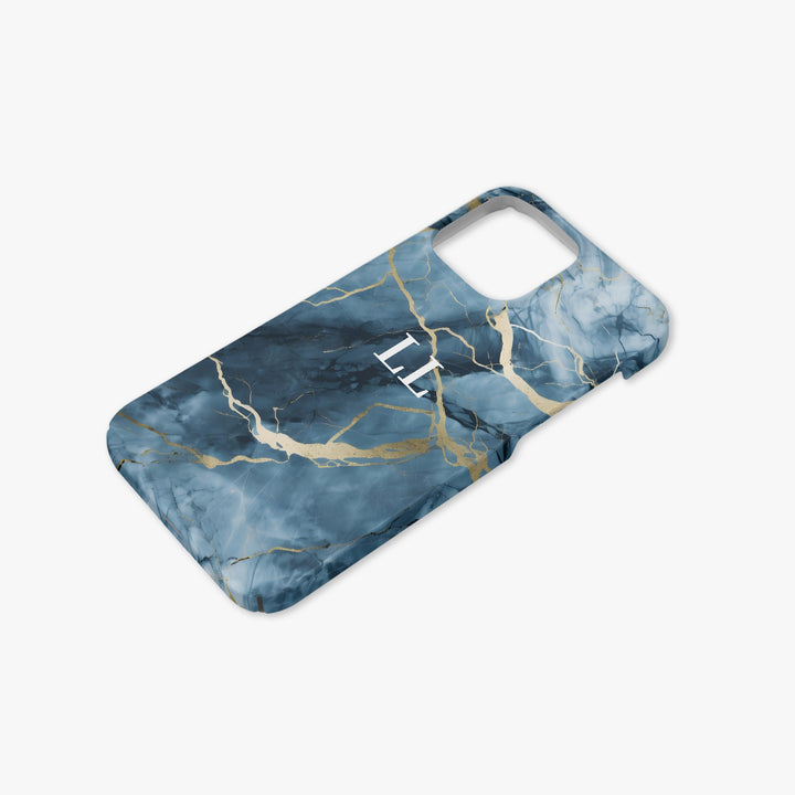 Denim Blue & Gold Geo Marble Personalised Initial Monogram Case