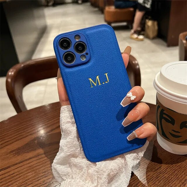 Royal Blue Luxury Leather Gold Engraved iPhone Case