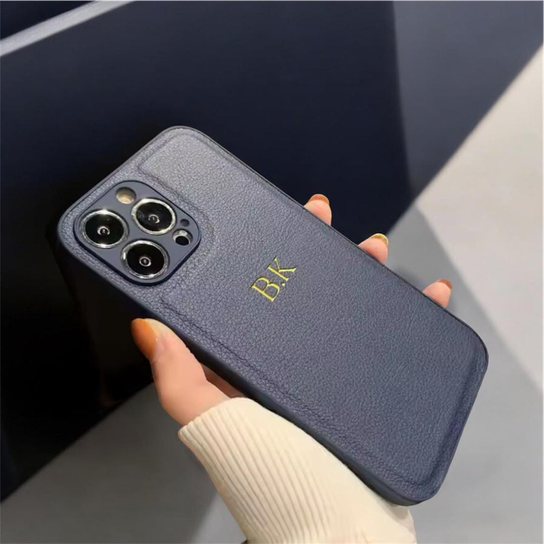 Navy Blue & Gold Luxury Engraved Initial iPhone Case