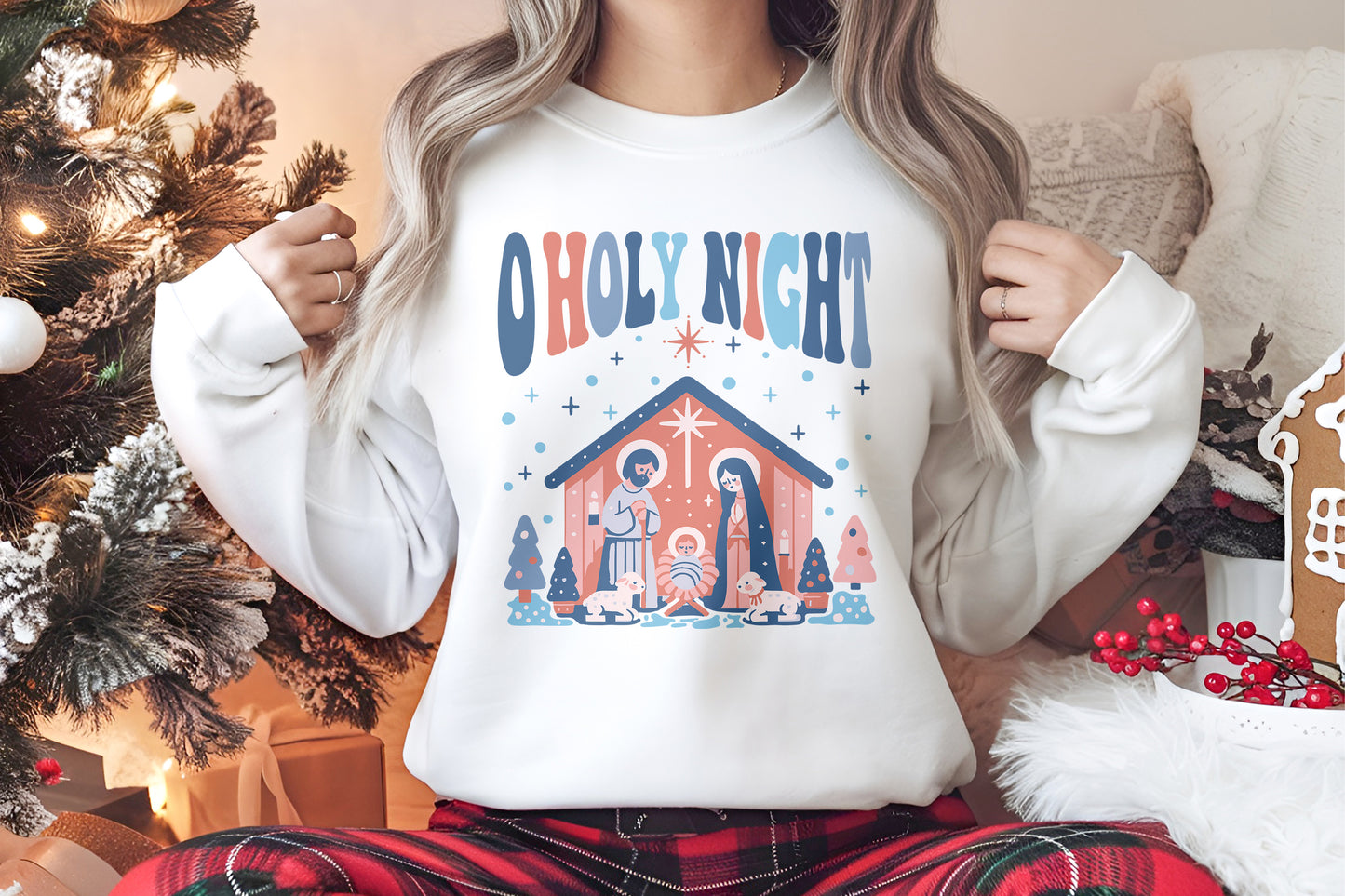 O Holy Night Blue Nativity Christmas Personalised Crew Jumper Sweatshirt