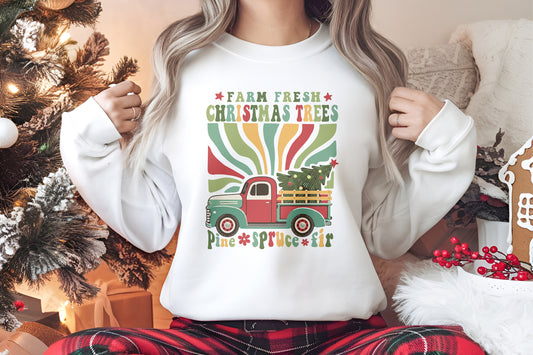 Farm Fresh Trees Retro Truck Christmas Personalised Crew Jumper Sweatshirt