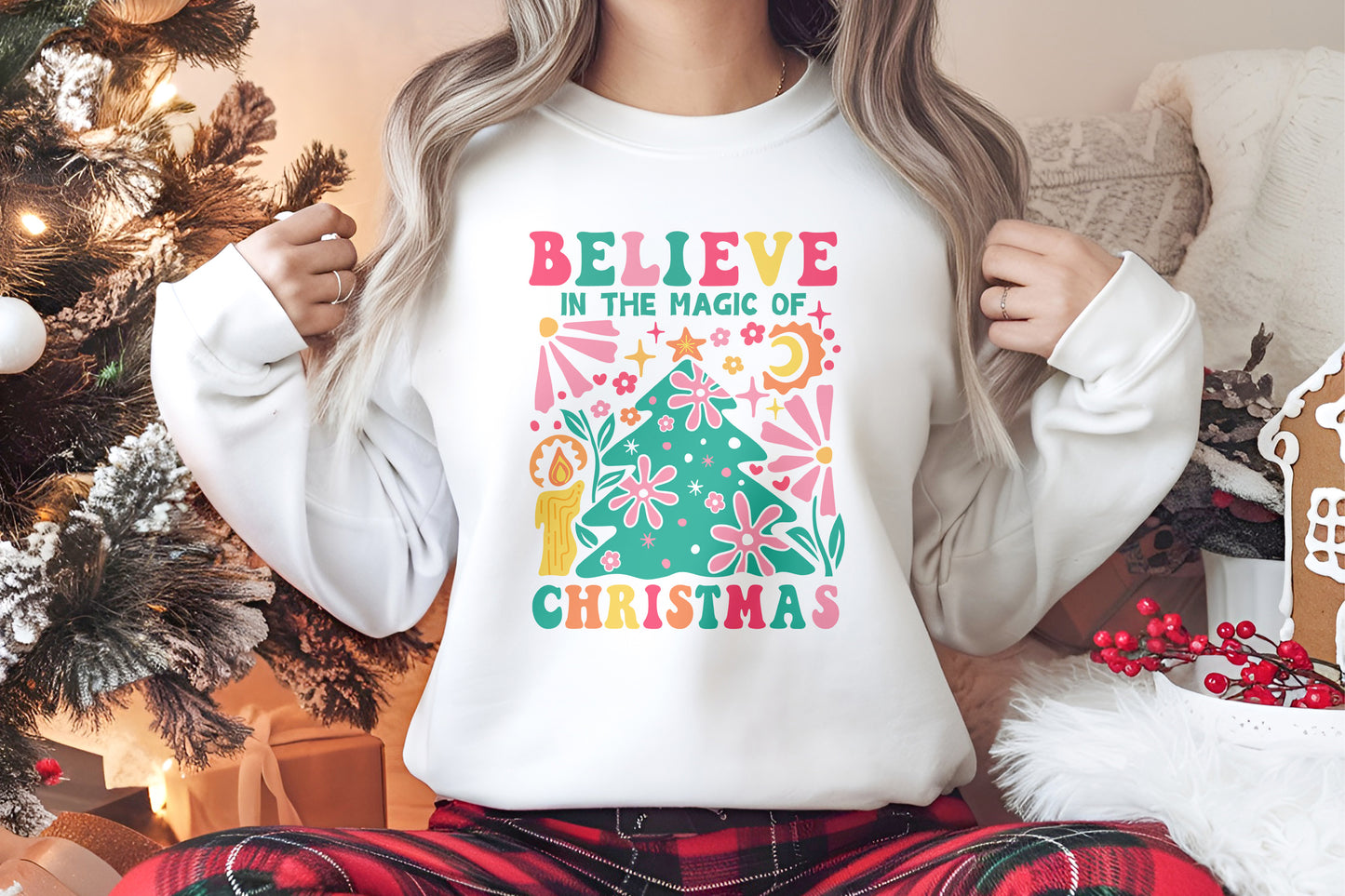 Retro Believe In The Magic Of Christmas Personalised Crew Jumper Sweatshirt