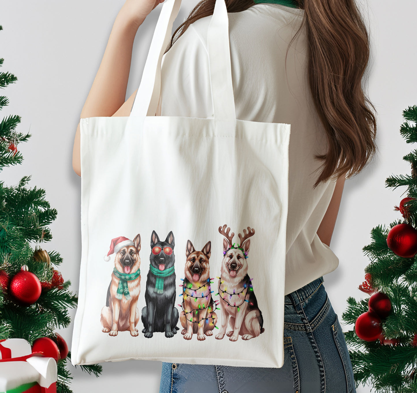 Christmas German Shepherd, Dog Cotton Shoulder Tote Bag