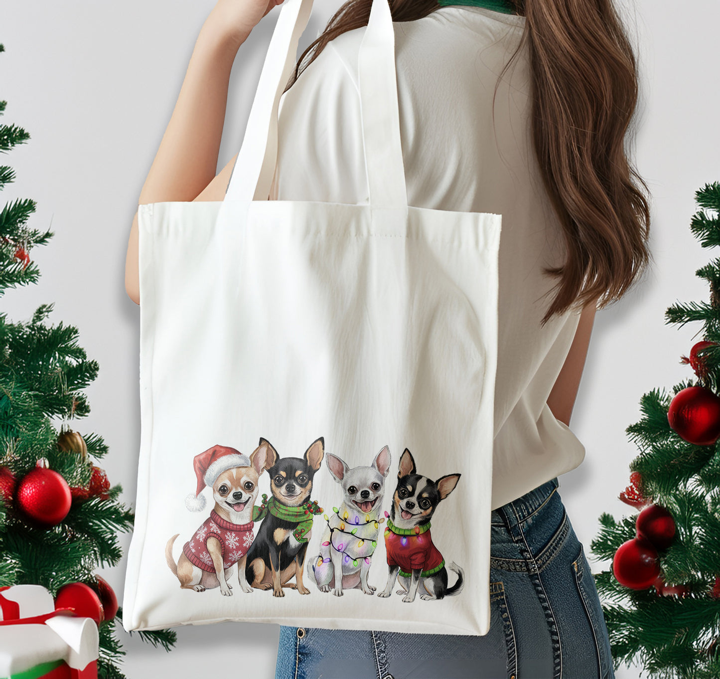 Christmas Chihuahua Dog Cotton Shoulder Tote Bag