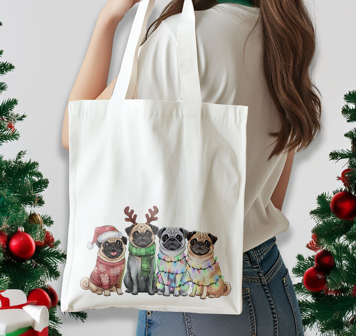 Christmas Pug, Dog Cotton Shoulder Tote Bag