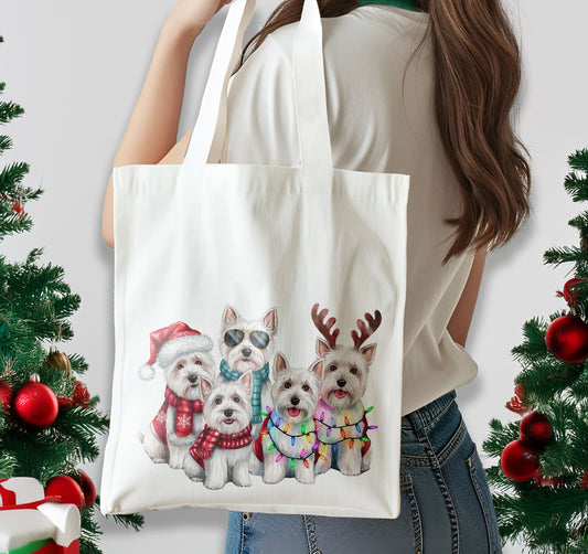 Christmas White Westie Cotton Shoulder Tote Bag