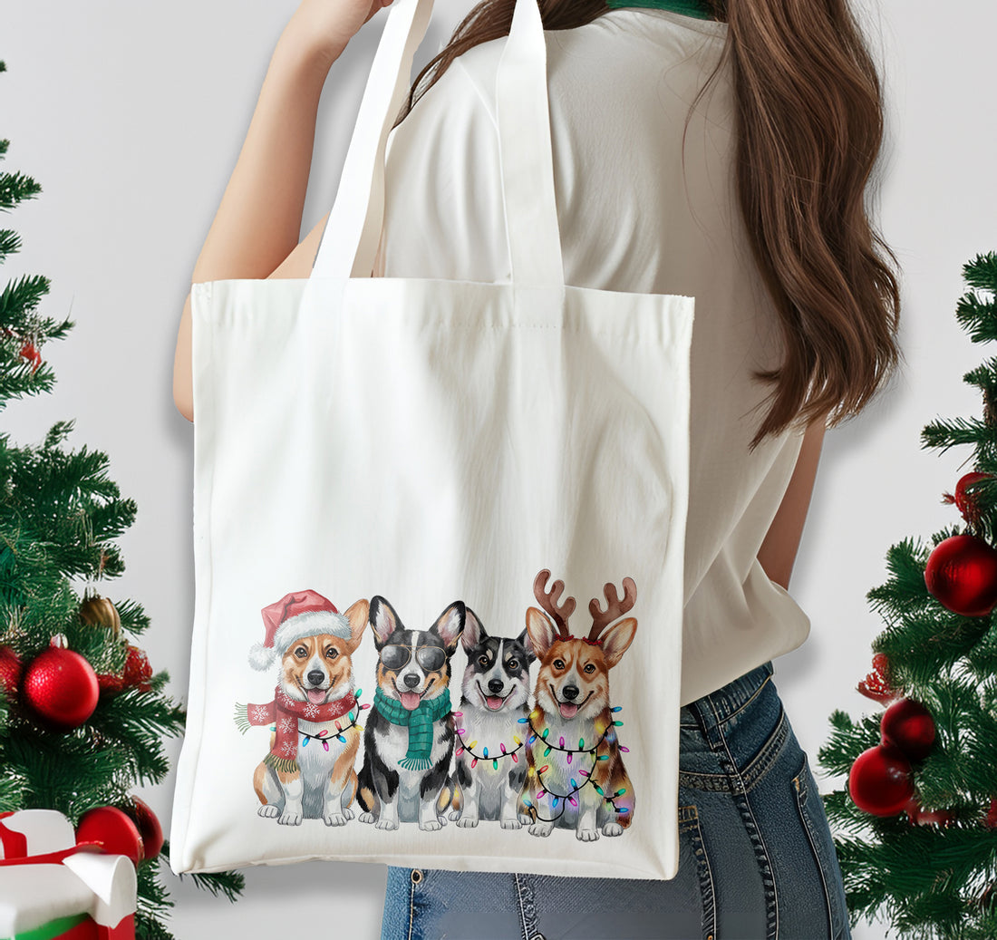 Christmas Corgi Dog Cotton Shoulder Tote Bag