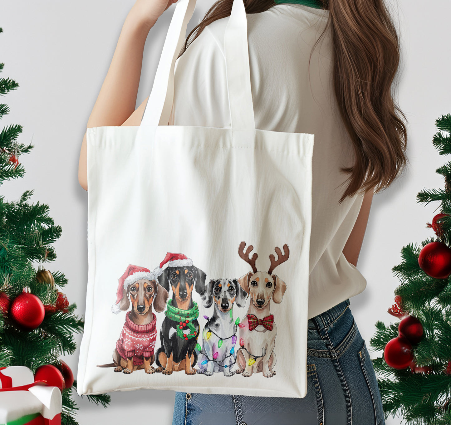 Christmas Dachshund Sausage Dog Cotton Shoulder Tote Bag