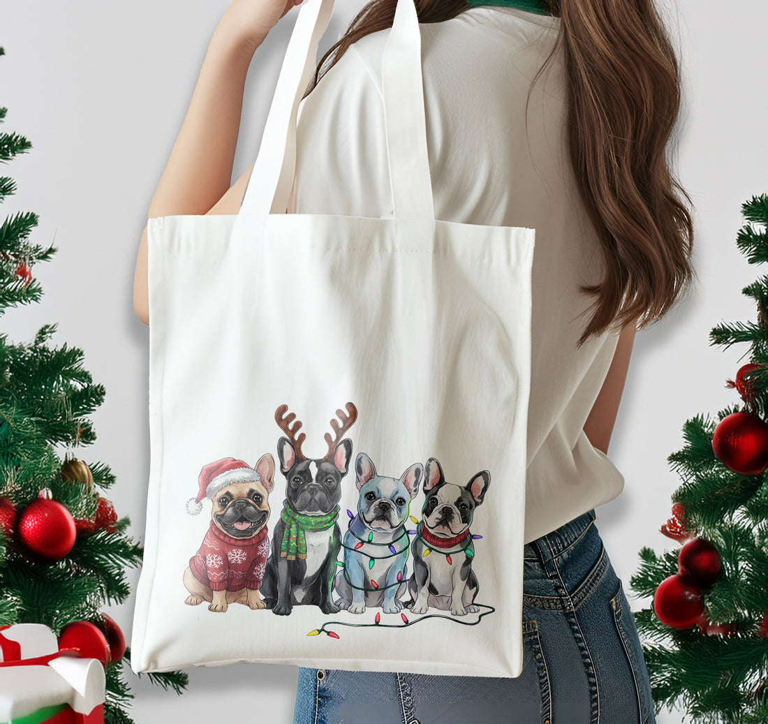 Christmas Frenchie, French Bulldog Dog Cotton Shoulder Tote Bag