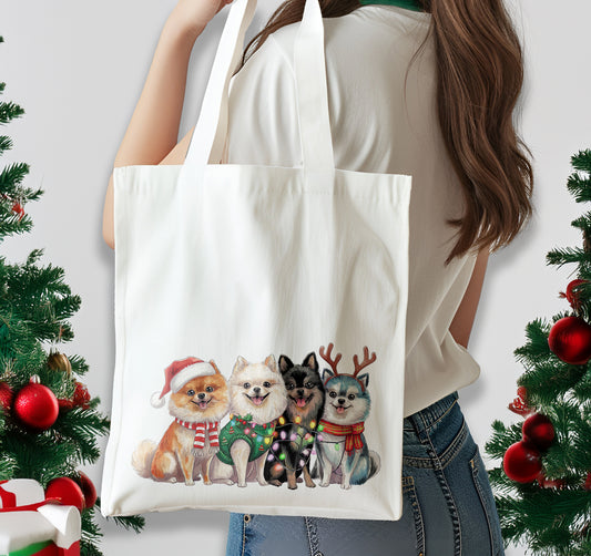 Christmas Pomeranian Dog Cotton Shoulder Tote Bag