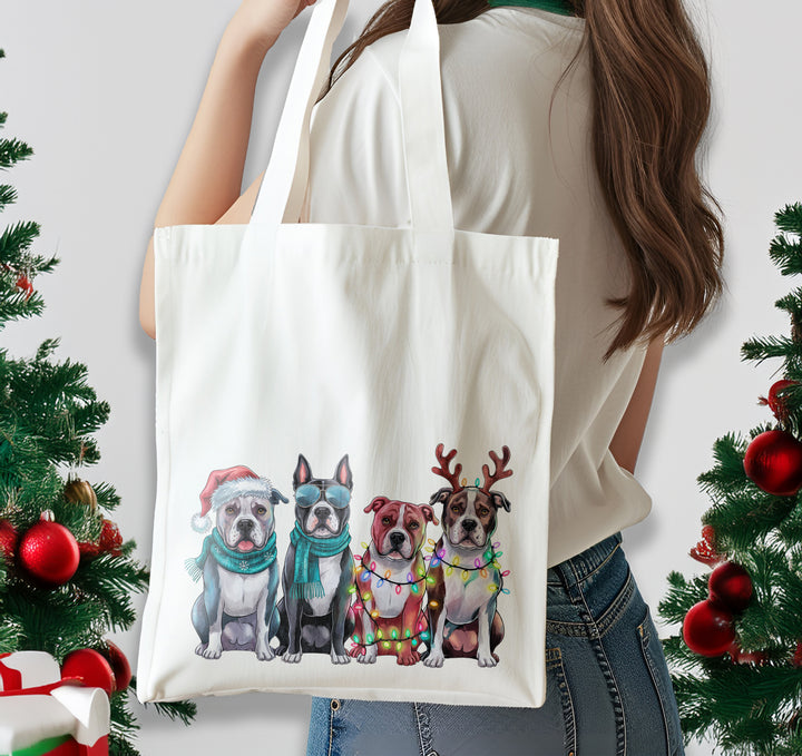 Christmas American Bulldog, PitBull Dog Cotton Shoulder Tote Bag