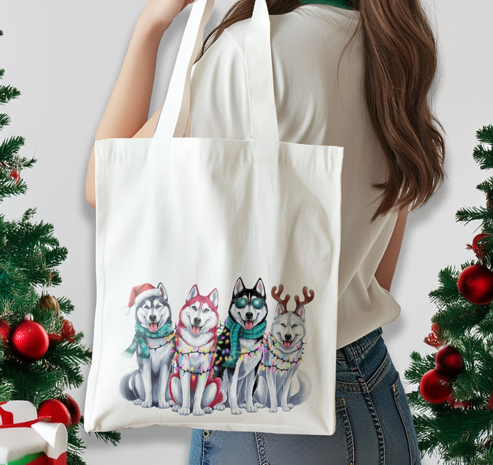 Christmas Huskies Cotton Shoulder Tote Bag